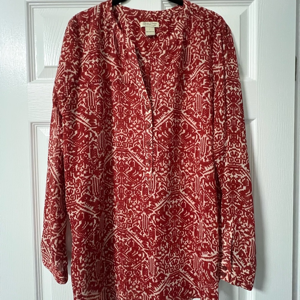 Lucky Brand Red Printed V-Neck Long Sleeve Women's Top